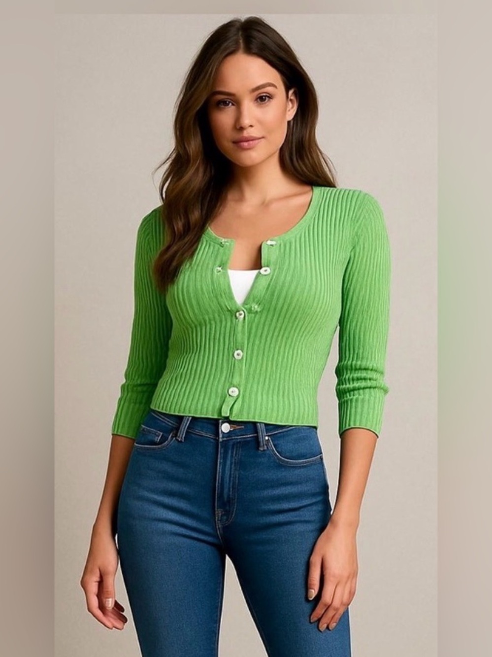 Cider Cropped, Ribbed, Short Sleeve Cardigan, Daisy Buttons, Lime Green, Size XS